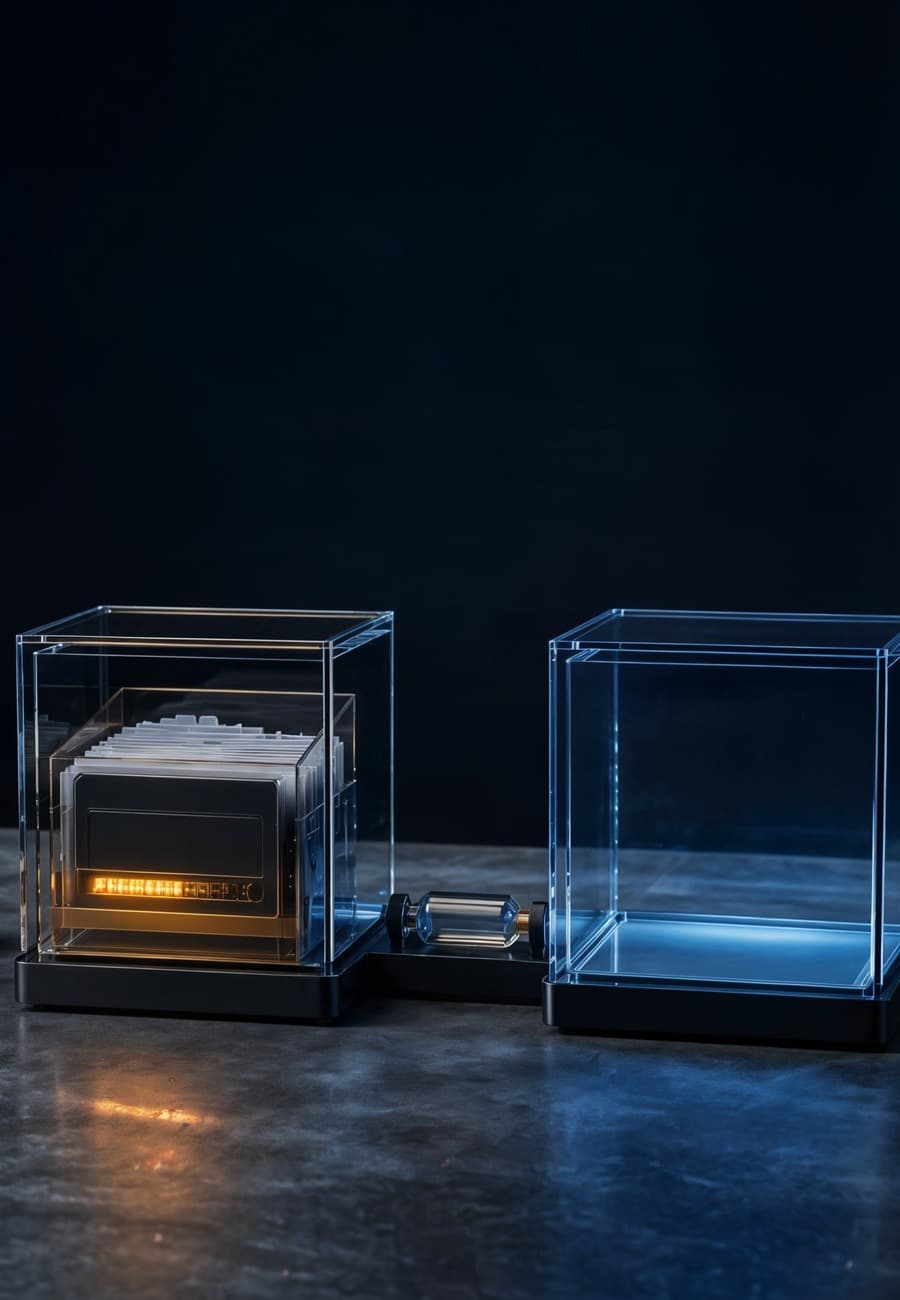 Two transparent workspace cubes are connected by one removable glass capsule, with one cube paused and the other ready for a clean restart.