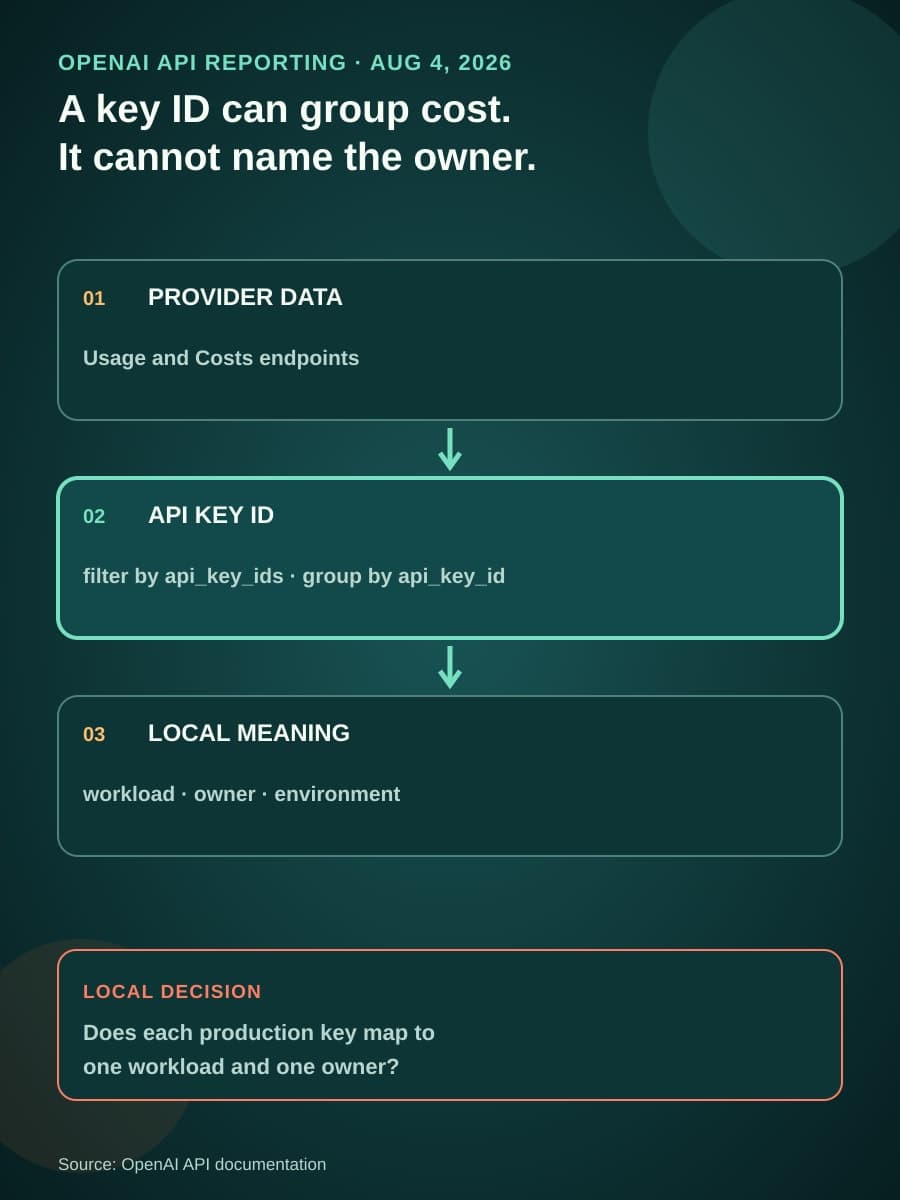 A three-stage diagram shows OpenAI usage and cost reporting grouped by API key ID, followed by local workload and ownership decisions.