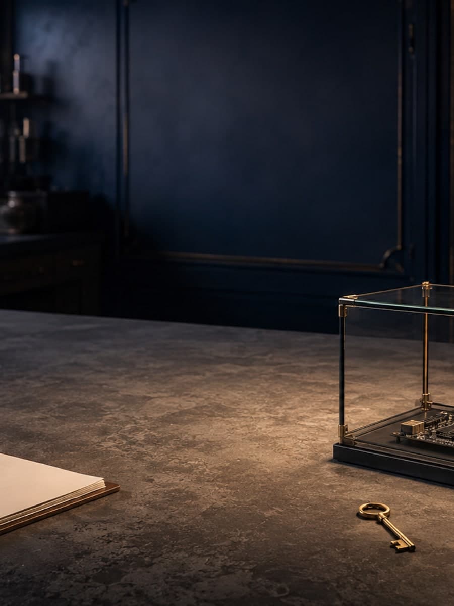 An isolated glass test chamber holds a circuit board beside a brass key and blank clipboard on a dark laboratory bench.