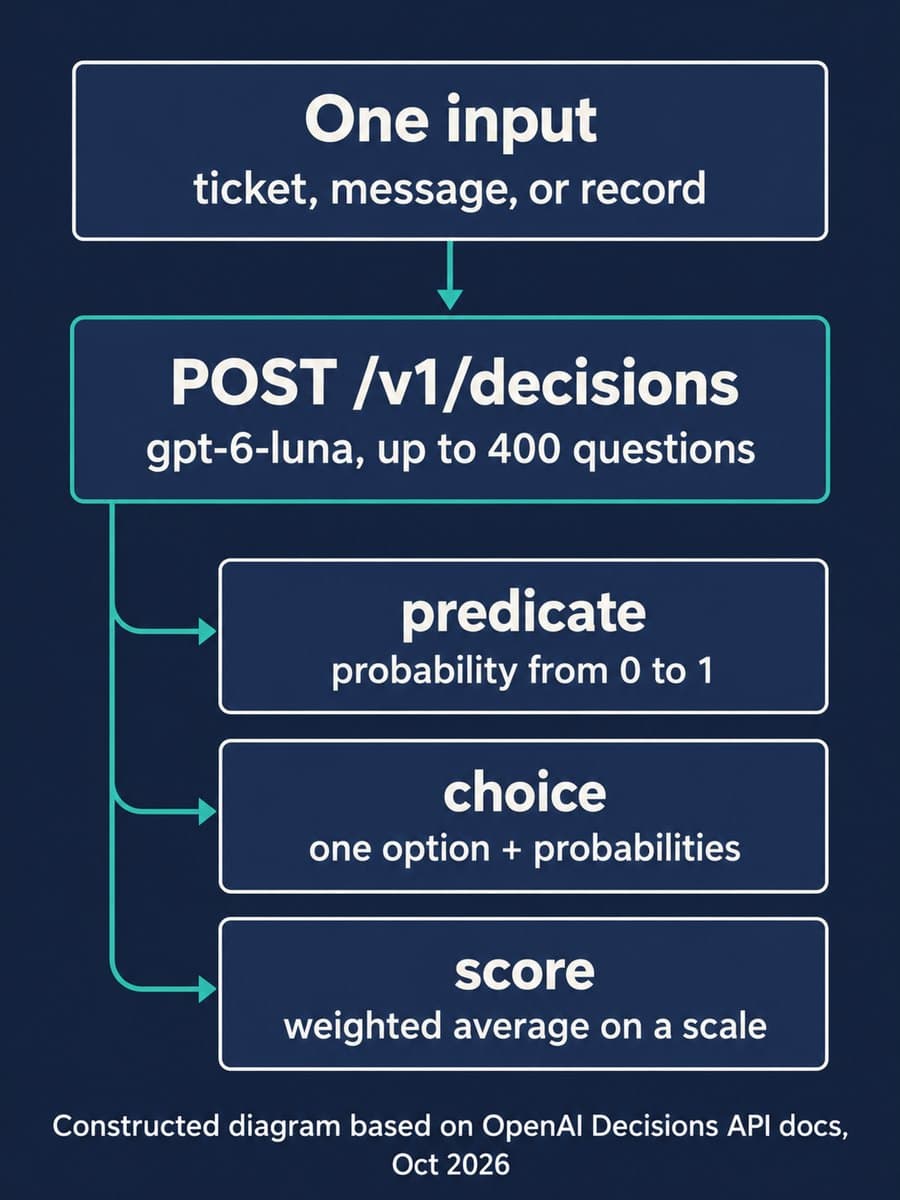 Diagram: one input such as a ticket, message or record goes to POST /v1/decisions on gpt-6-luna with up to 400 questions, which returns three answer types: predicate as a probability from 0 to 1, choice as one option plus probabilities, and score as a weighted average on a scale.