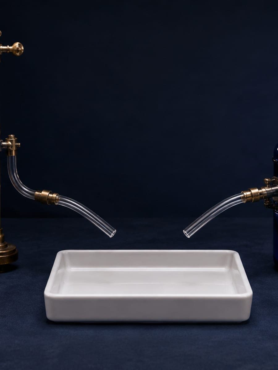 A sealed amber specimen archive and an open blue reference vessel feed separate glass tubes toward an empty inspection tray beside laboratory equipment.