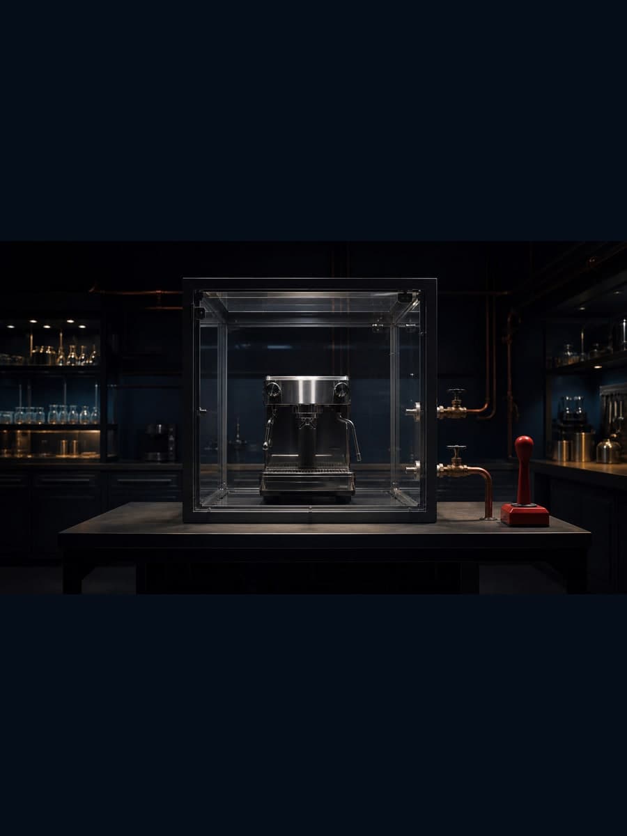 A glass-walled laboratory chamber surrounds an idle metal brewing appliance while a large red power cutoff stands outside the chamber.