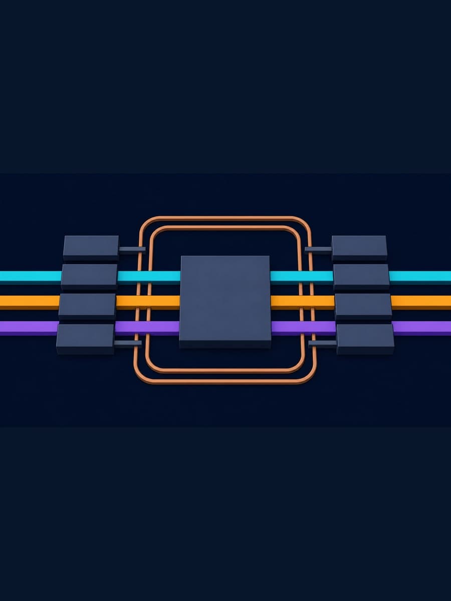 A textless constructed diagram shows cyan, amber, and violet lanes crossing one central square compute block, with four plain rectangular modules on each side and two copper cooling loops.