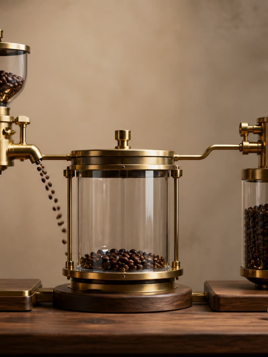 Dark roasted objects move from a brass hopper into a sealed glass chamber while a separate vessel, amber lamp, and brass key remain visible.
