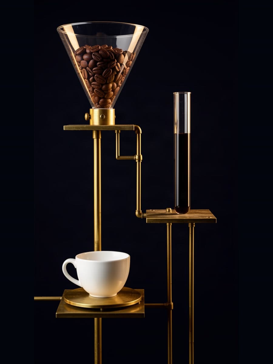 Three separate laboratory vessels sit on a dark measurement bench: a glass hopper with roasted pieces, a narrow tube with dark liquid, and an empty white ceramic vessel.
