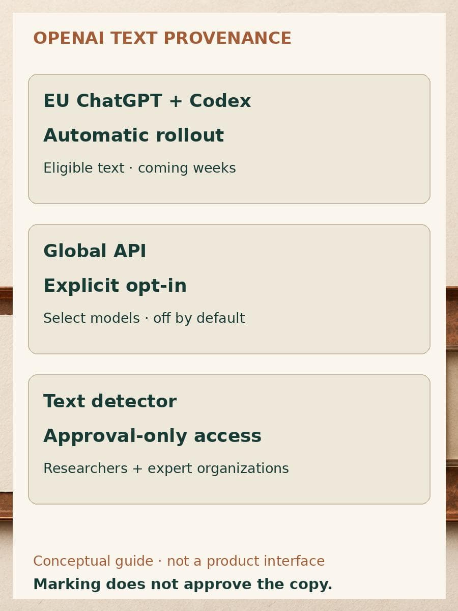 Three copper sample trays distinguish automatic EU ChatGPT and Codex rollout, global API opt-in, and approval-only text detector access.