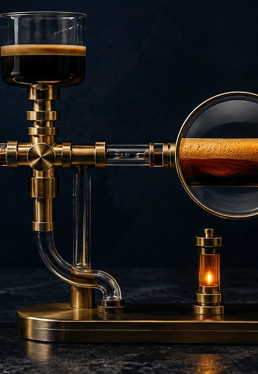 A brass branching instrument carries dark liquid through glass channels while a magnifying lens rests over one transparent flow path.