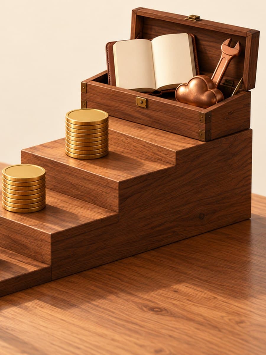 Illustration of a three-step wooden staircase on a desk with a stack of blank brass coins on each step, an open wooden toolbox at the top holding a blank ledger, a copper wrench and a copper cloud-shaped vessel, and a small closed brass gate beside the bottom step.