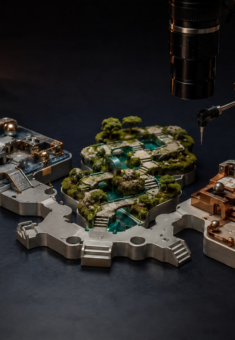 Three miniature-course variants in silver, green, and copper sit on one shared neutral metal foundation while an optical inspection rig faces them.
