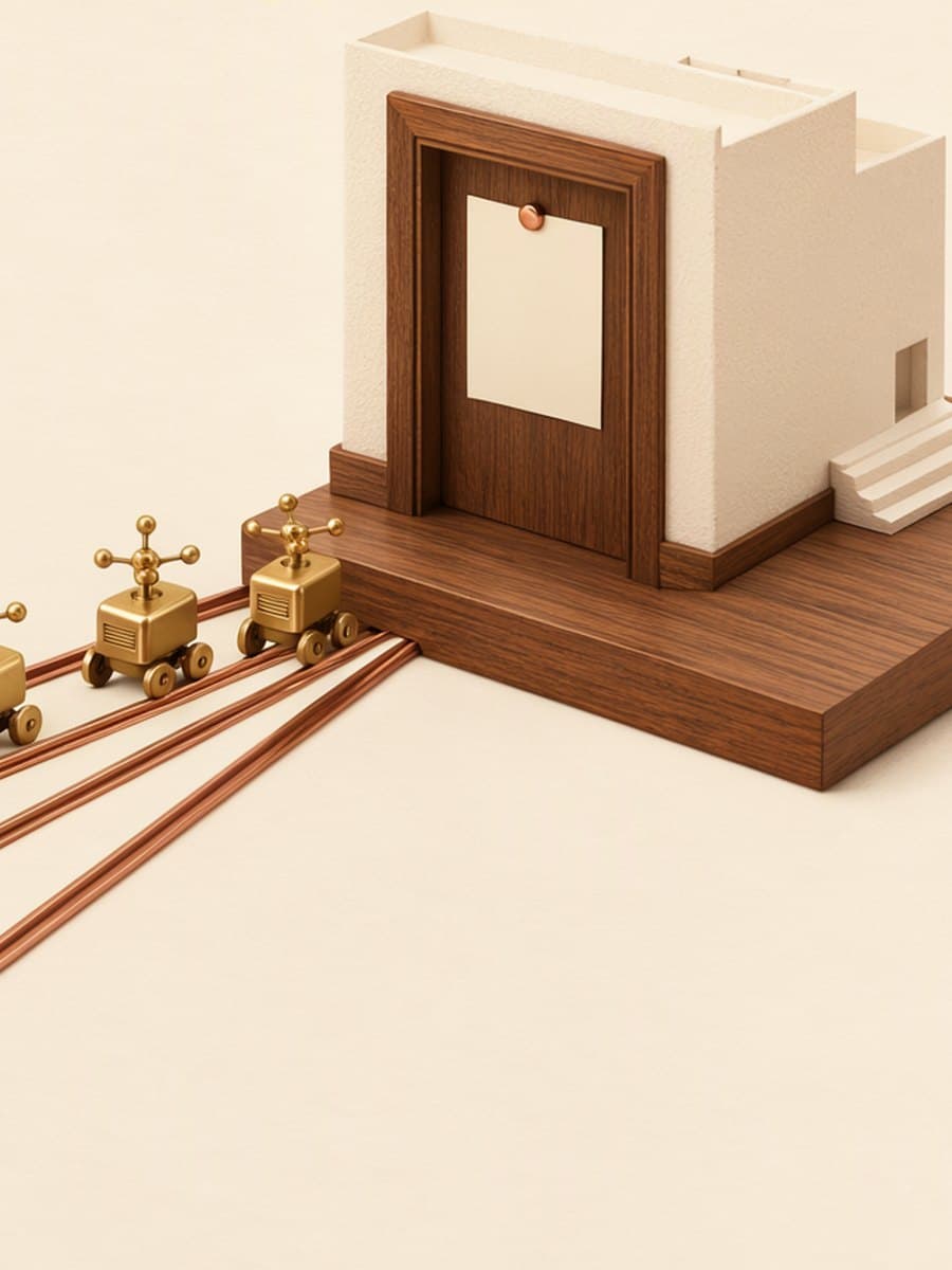 Small cream building model with a walnut door and one blank notice card pinned to it, as five brass wheeled machines approach along copper tracks
