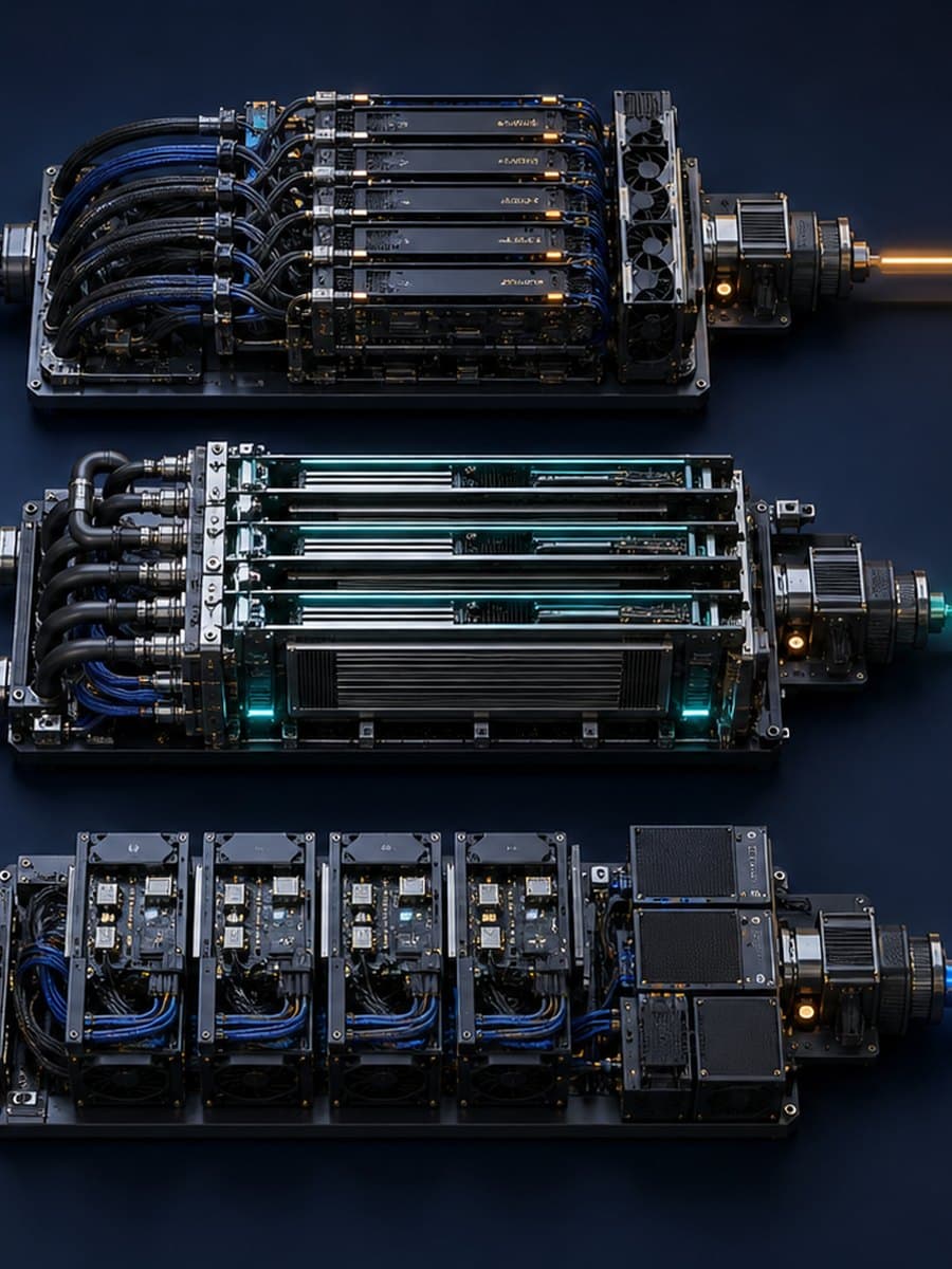 One neutral model module connects to three parallel hardware assemblies with different internal layouts and separate rows of colored indicator lights on a dark blue engineering bench.