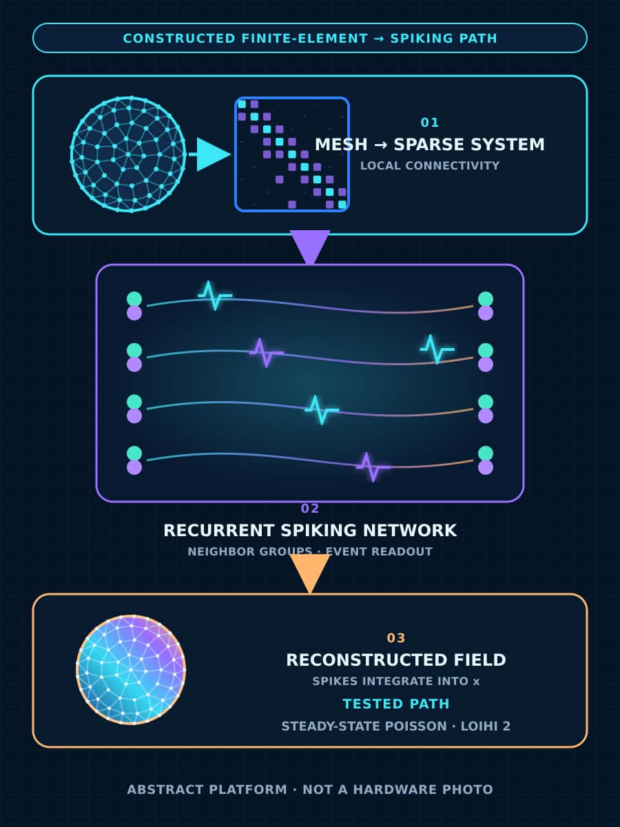 A constructed diagram shows a finite-element mesh becoming a sparse linear system, then neighboring positive and negative groups in a recurrent spiking network, and finally a reconstructed field.