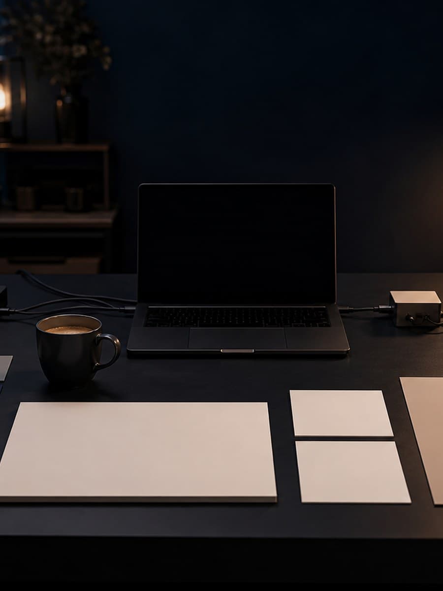 A blank laptop, blank paper sheets, color swatches, a ceramic vessel, and unlabeled equipment modules arranged on a dark workbench.
