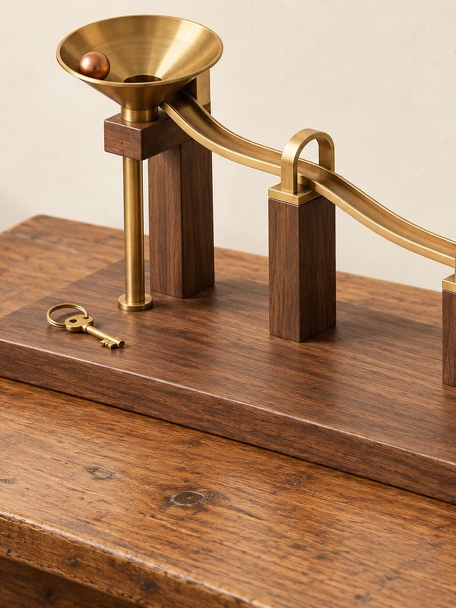Editorial illustration of a brass and walnut marble run on a wooden desk: a copper ball sits in a brass funnel above one fixed track that passes through three brass gates in sequence and ends in a wooden tray, with a small brass key on a ring lying beside the funnel.
