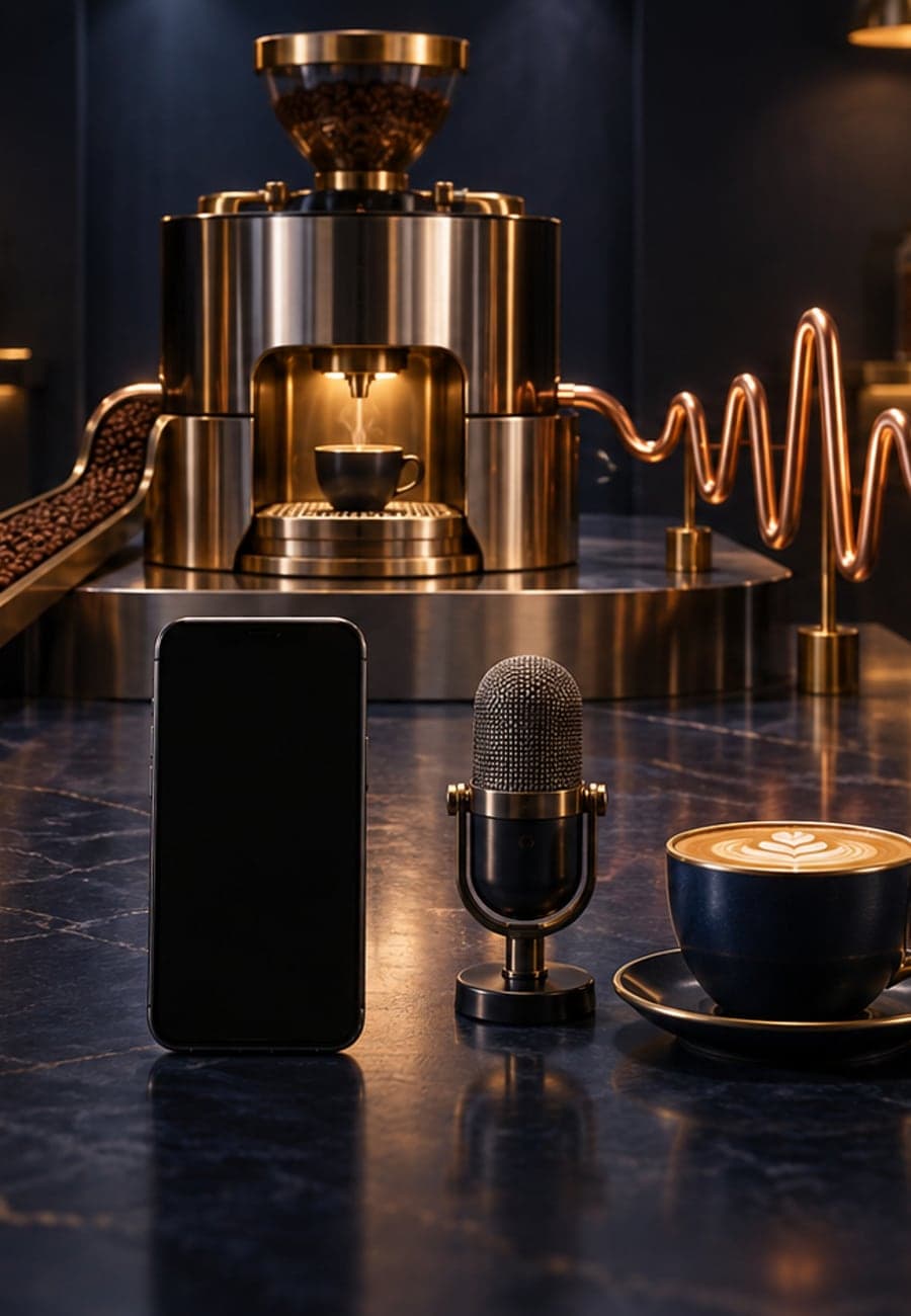 A blank smartphone, small microphone, and ceramic vessel sit beside three brass intake lanes that meet at one stainless-steel preparation station.