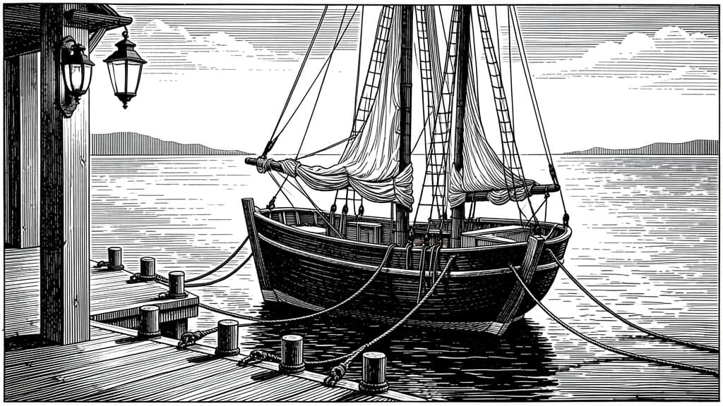 An empty harbor berth with coiled ropes and a distant sailboat, symbolizing a closed AI model access window