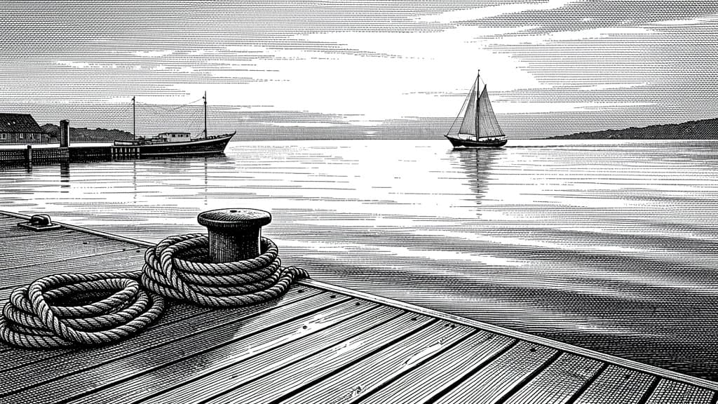 An empty harbor berth with coiled ropes and a distant sailboat, representing an AI model access window closing.