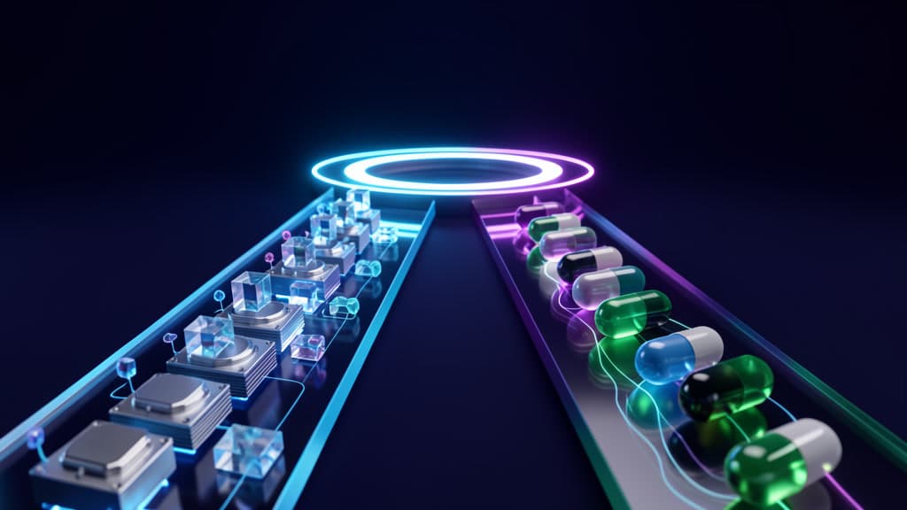 Two cool-toned glass lanes with GPU-like blocks and model capsules merge into one glowing endpoint ring on a deep navy background.