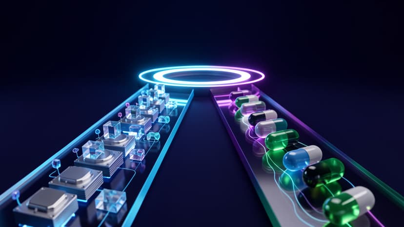 Two cool-toned glass lanes with GPU-like blocks and model capsules merge into one glowing endpoint ring on a deep navy background.