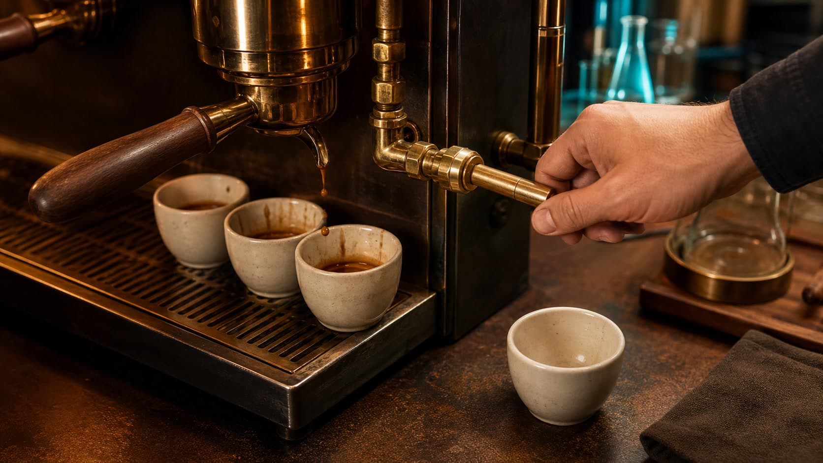 A hand grips a brass espresso-machine lever beside three cups with coffee residue while an empty fourth cup sits separately on the counter.