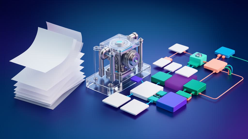 A cool-toned AI workflow compiler bench where blank requirement sheets become modular workflow components through a glass-and-metal mechanism.