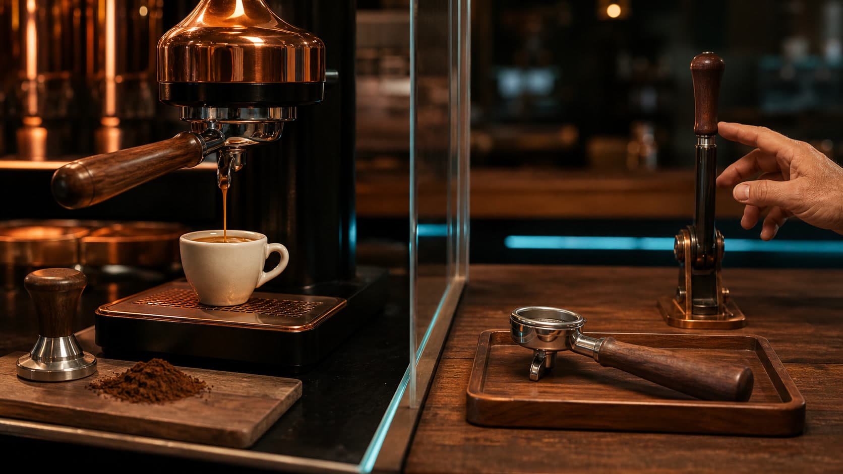 One espresso station pours into a cream cup while a second portafilter rests on a wooden tray beside a hand near an upright lever.