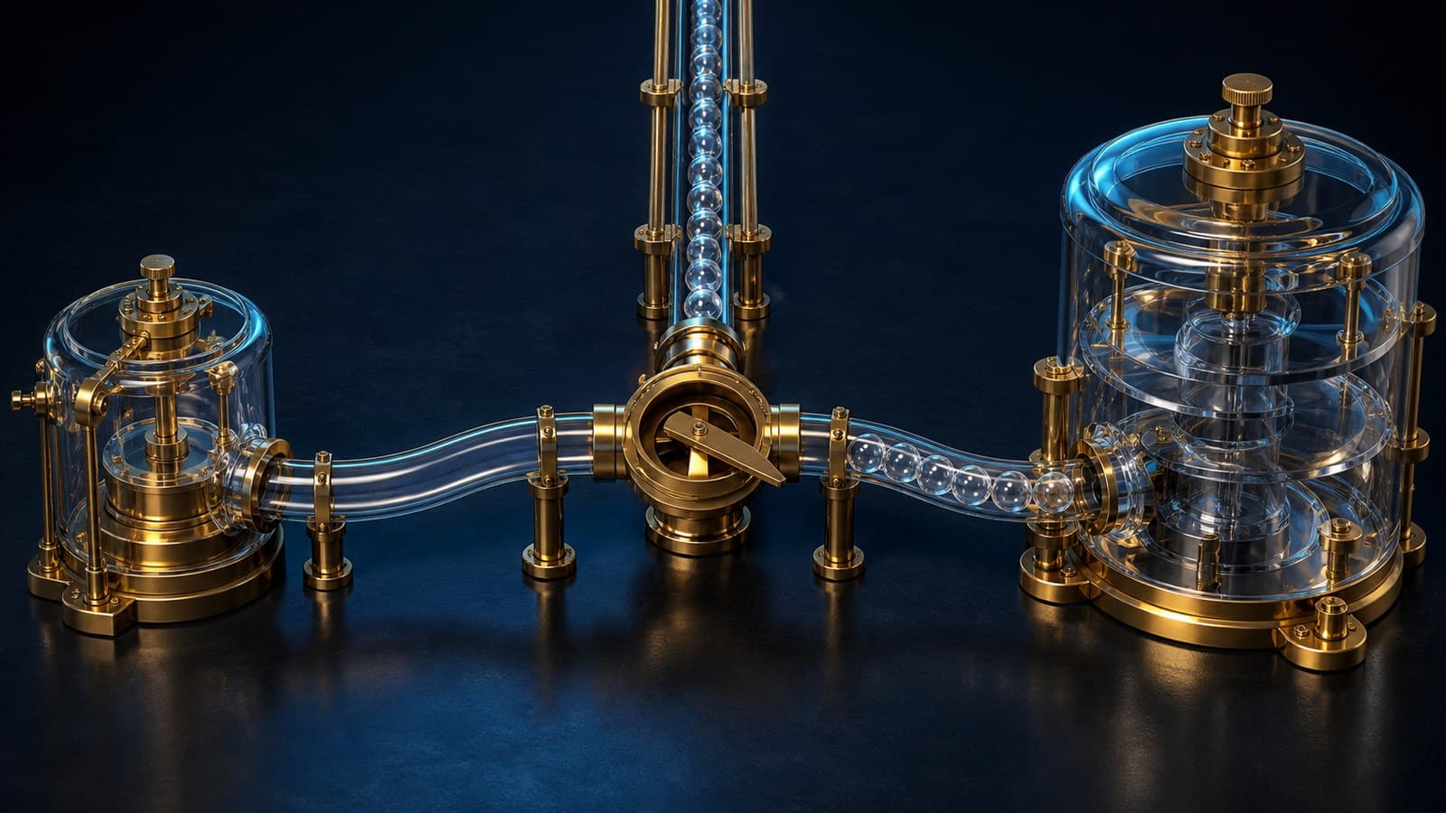 A brass junction directs clear glass spheres from one vertical track into the right of two transparent processing chambers.