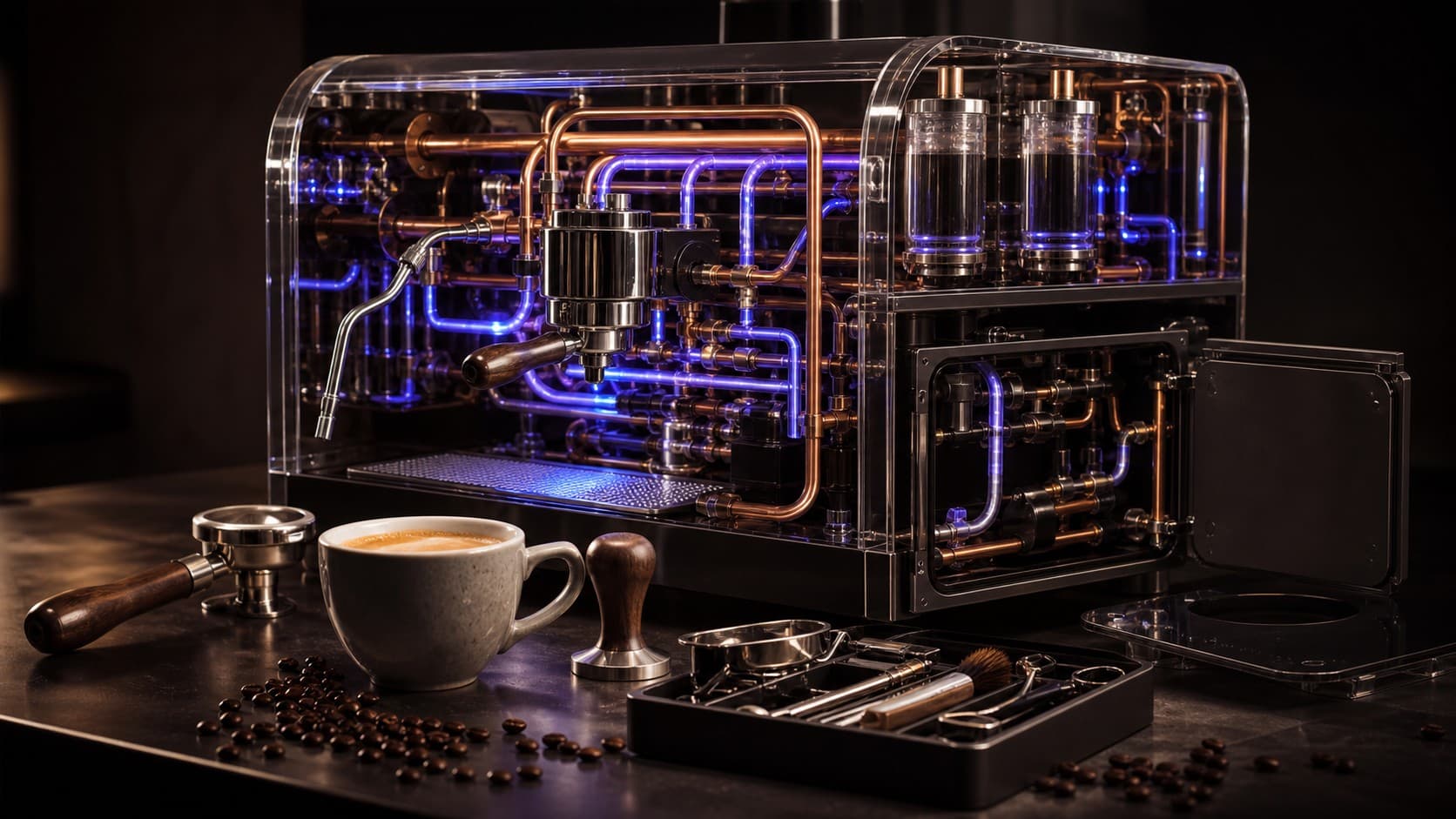 A transparent open-frame espresso machine reveals copper tubing and glowing blue-violet lines beside an espresso cup, tamper, portafilter, tool tray, and scattered coffee beans.