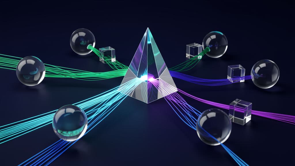A central glass prism switchboard routes glowing request paths between blank agent nodes in a cool navy, cyan, emerald, and violet palette.
