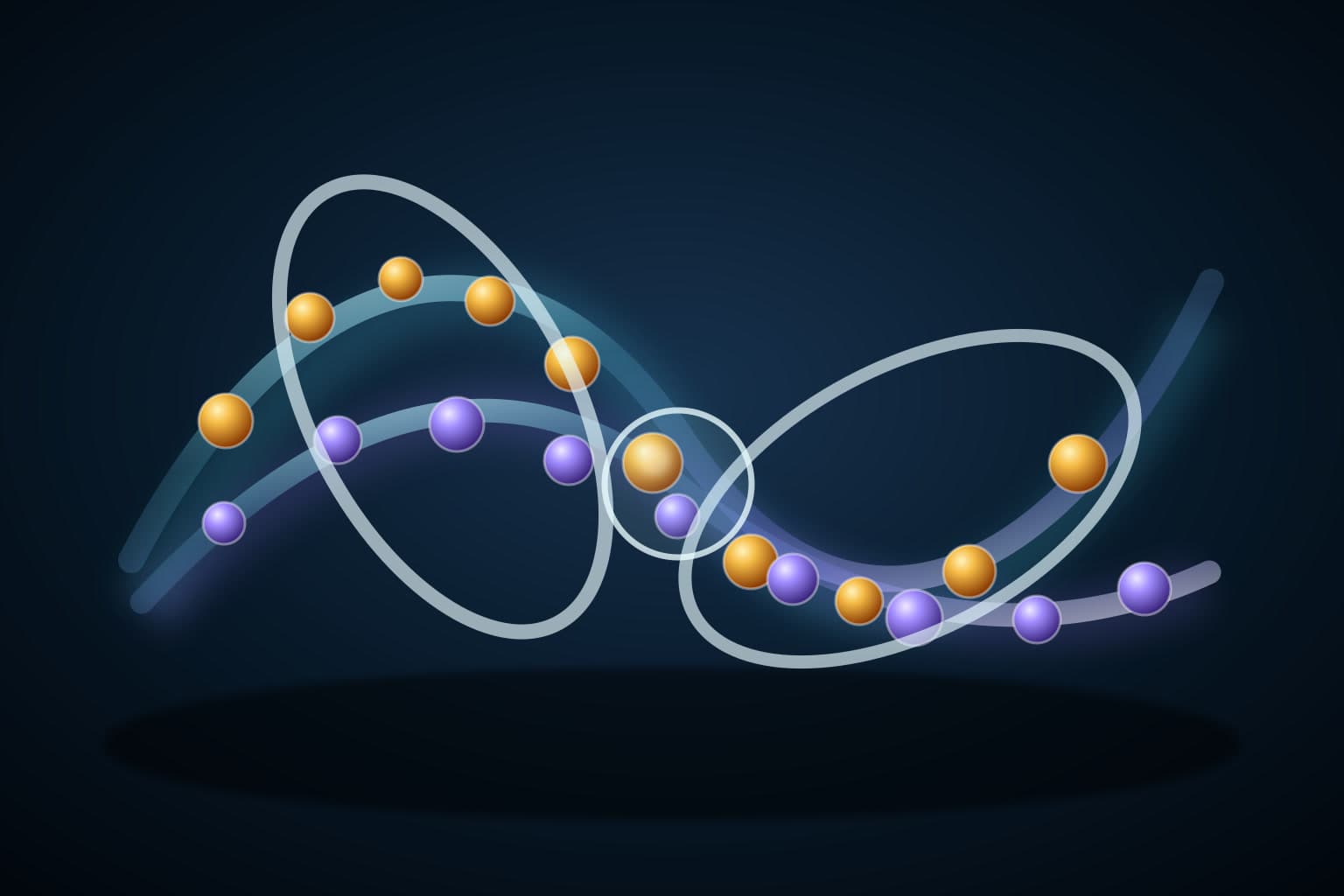 Amber and violet bead streams follow curved translucent paths through overlapping pale clear rings on a dark blue background.