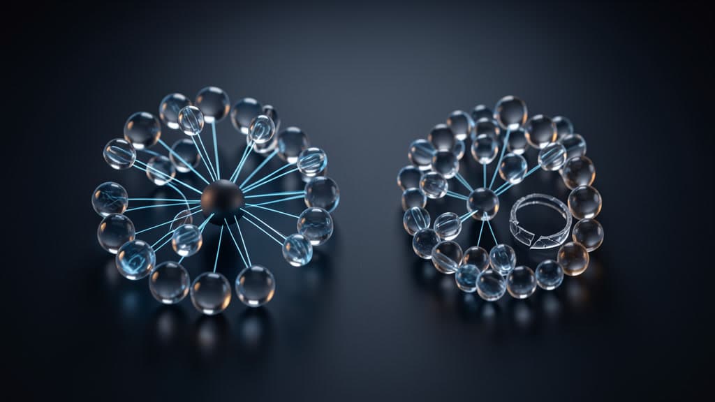 Dozens of small glass capsules glow in the dark, sorted by faint light traces into two distinct clusters, one pointing to a single dark node and the other to a tiny cracked ring.