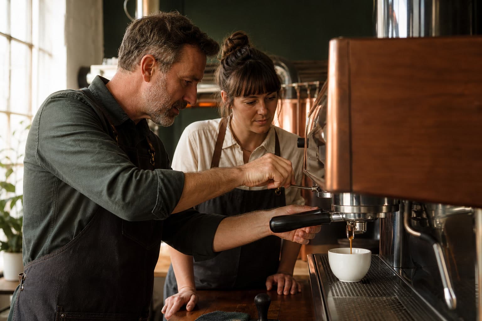 A technician adjusts a commercial espresso machine while a barista watches espresso flow into a white cup.