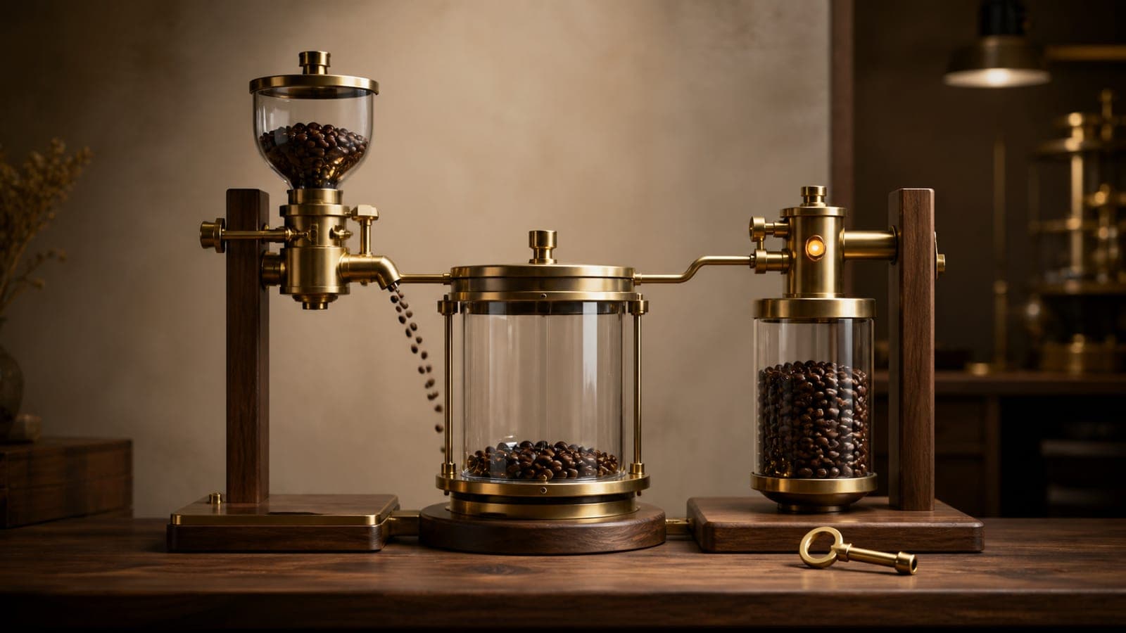 Dark roasted objects move from a brass hopper into a sealed glass chamber while a separate vessel, amber lamp, and brass key remain visible.