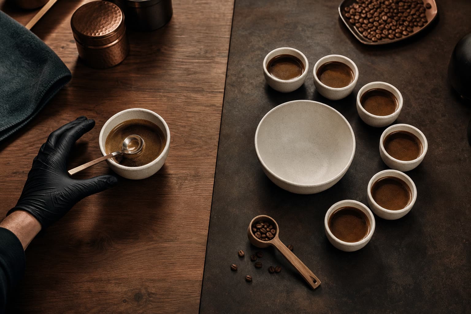 One black-gloved hand reaches toward a coffee cupping bowl that holds a spoon; six sample cups arc around one large empty ceramic bowl beside a wooden scoop of coffee beans and scattered beans.