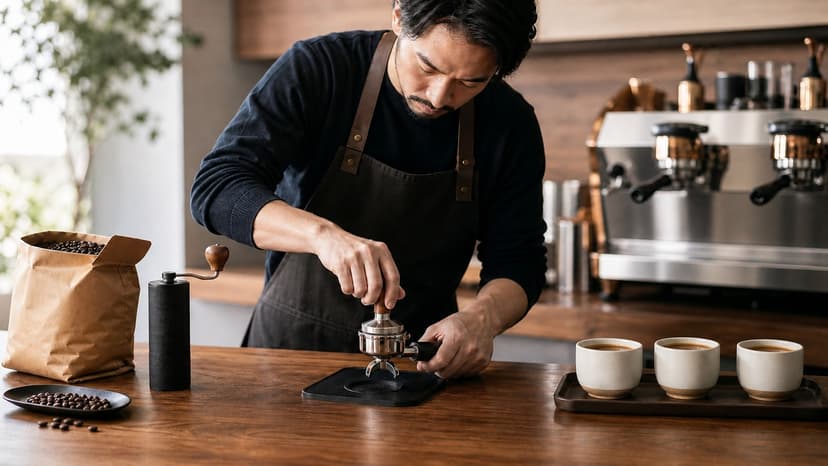 A barista presses a metal tamper into a portafilter beside a bag of coffee beans and a hand grinder, with three filled cups on a tray to the right.