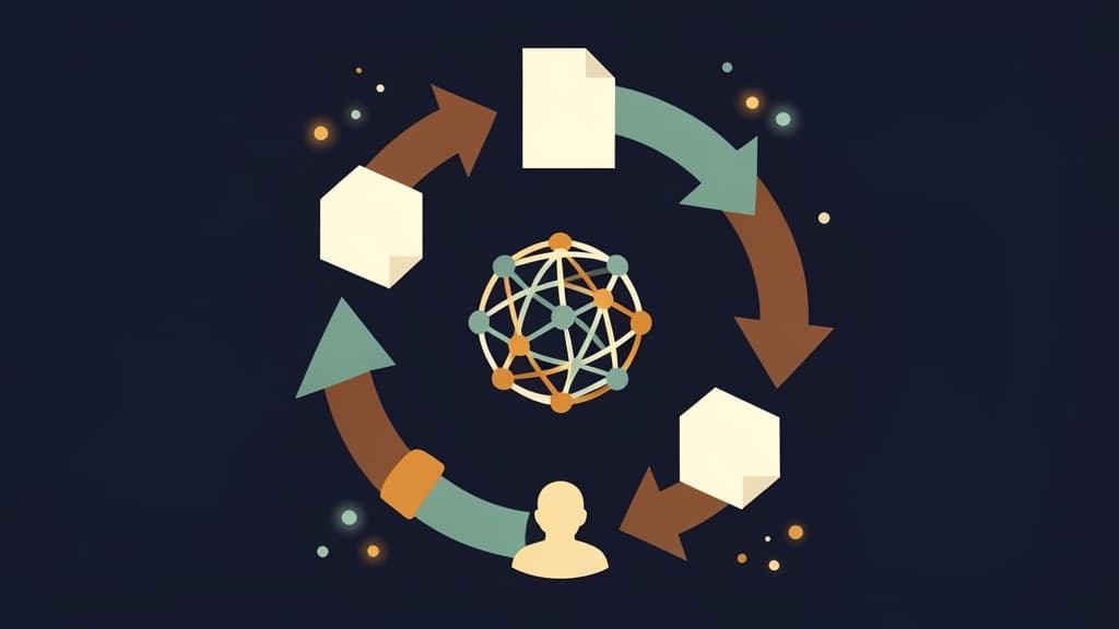 Abstract circular workflow illustration showing human review and AI feedback loops without text.