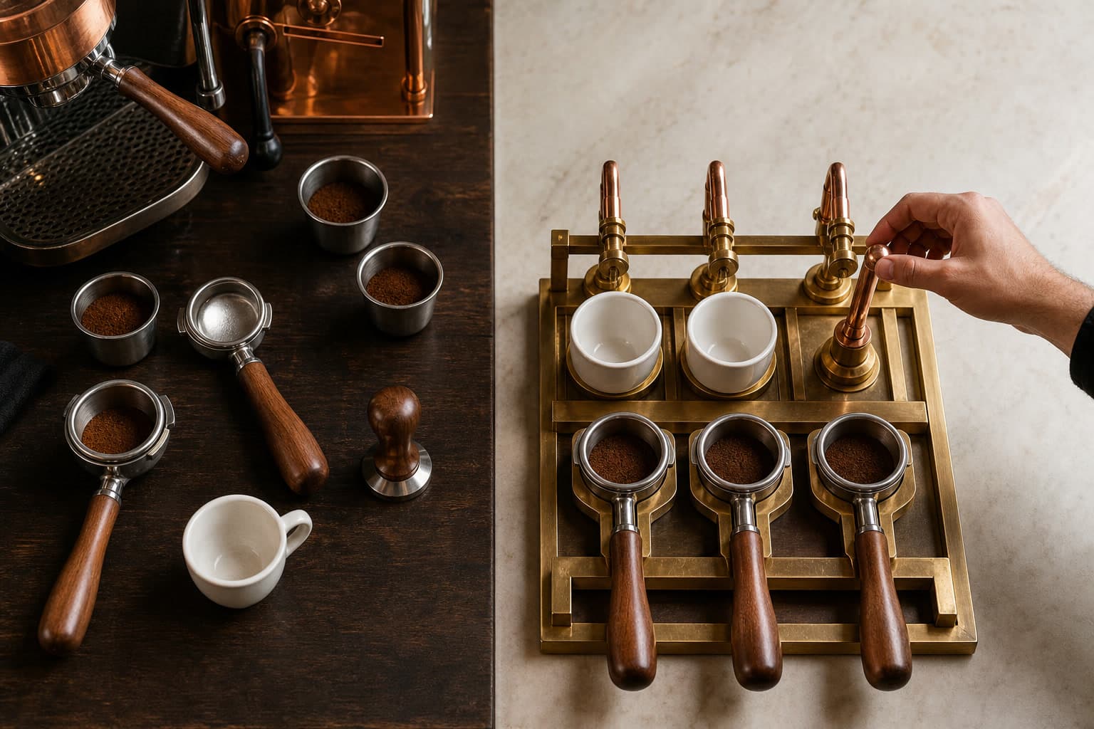 Two loose wooden-handled portafilters, three metal cups of coffee grounds, a tamper, and a white cup sit beside a brass rack holding three aligned portafilters and two white cups while a hand adjusts a copper lever.