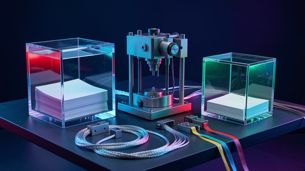 Glass evidence blocks, trace ribbons, and a mechanical test fixture representing AI agent evaluation receipts.