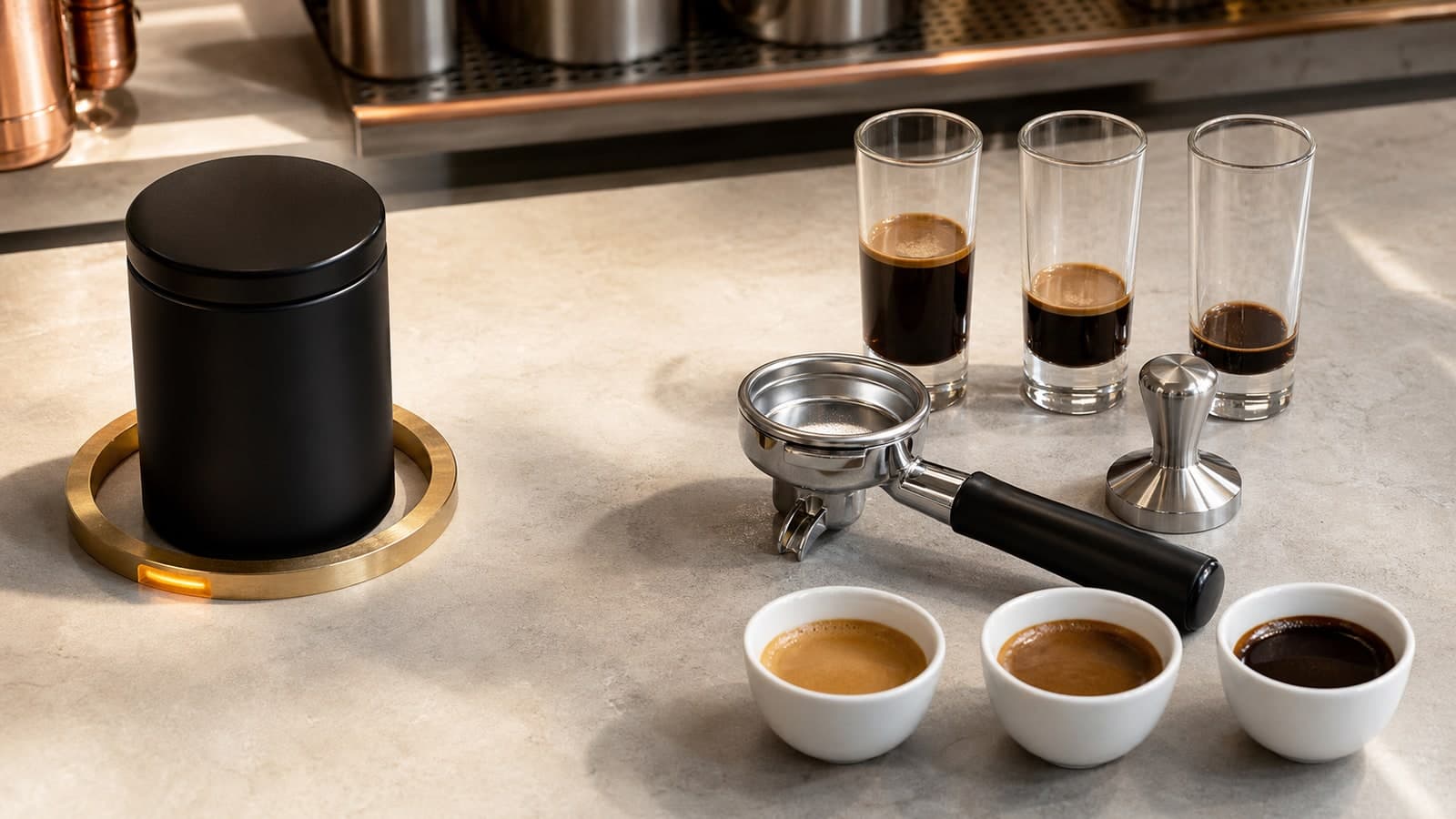 A matte-black coffee canister sits in a brass ring with one amber light beside a portafilter, tamper, three tall glasses of espresso at different levels, and three white tasting cups.