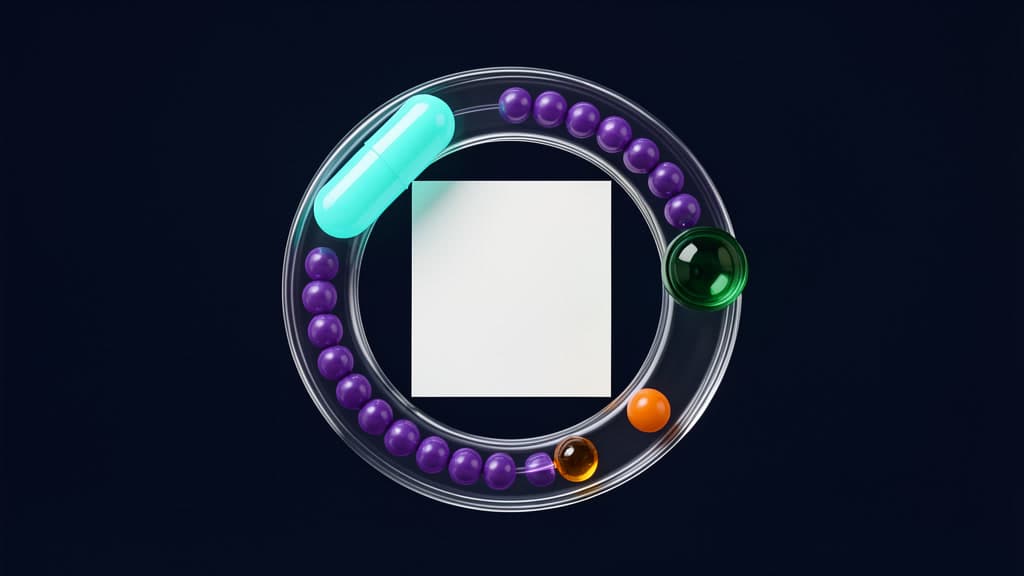 A blank page tile inside a transparent glass loop with glowing capsule, version beads, and rollback bead on a midnight navy background.