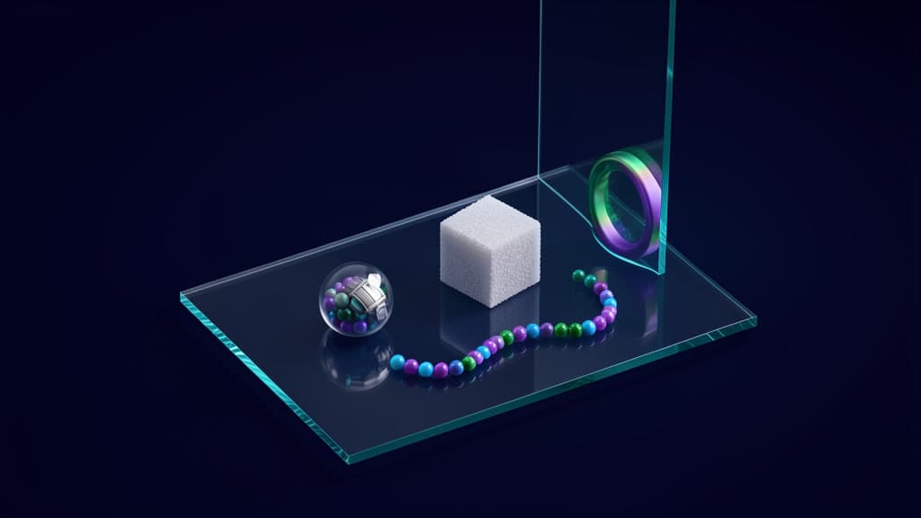 A cool-toned glass workspace with a sealed vault bead, a sandbox cube, a luminous access ring, and a bead trail representing browser-agent audit boundaries.