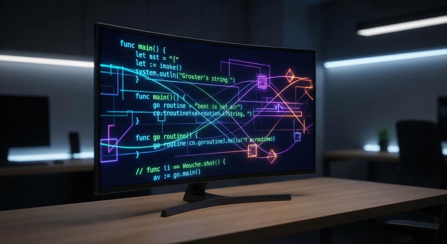 Lines of Go programming code glowing on a dark terminal screen