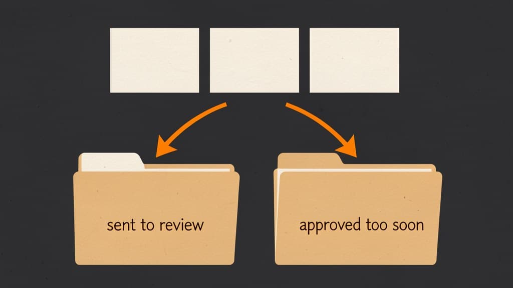 Two labeled folders split review items between sent to review and approved too soon.
