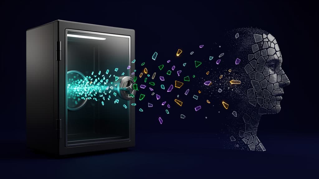 A sealed glass vault releasing colored shards that form a mosaic trail, showing how research-agent queries can reveal private context.