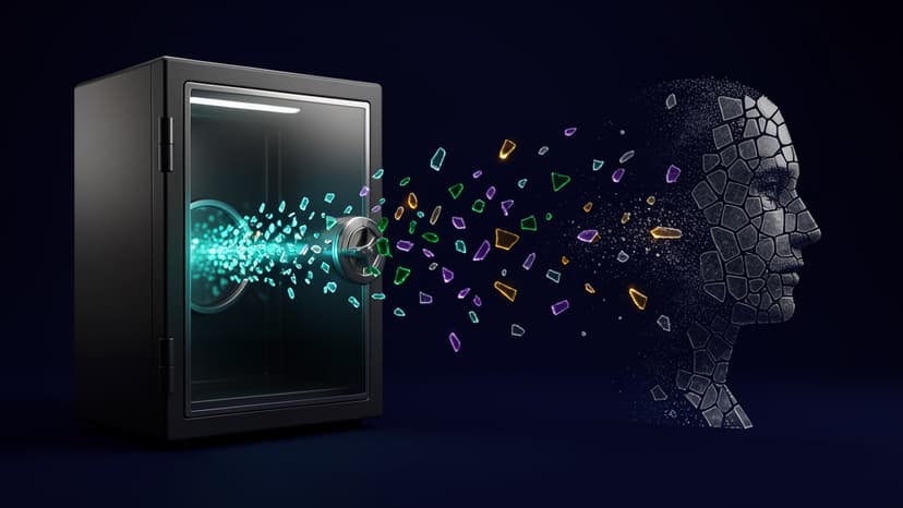 A sealed glass vault releasing colored shards that form a mosaic trail, showing how research-agent queries can reveal private context.