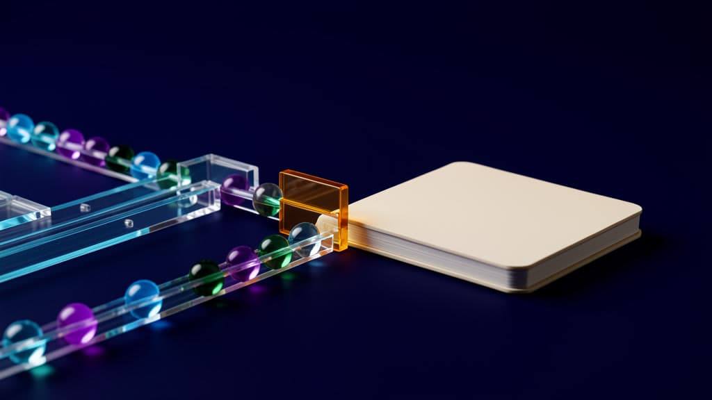 Colored glass beads travel through transparent rails and gates toward a small blank ledger block and a pause gate, with no text, icons, or screens.