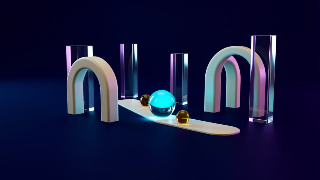 A luminous cyan glass sphere sits on a pale curved route among four ivory arches, clear vertical prisms, and two small amber glass spheres against a deep navy background.