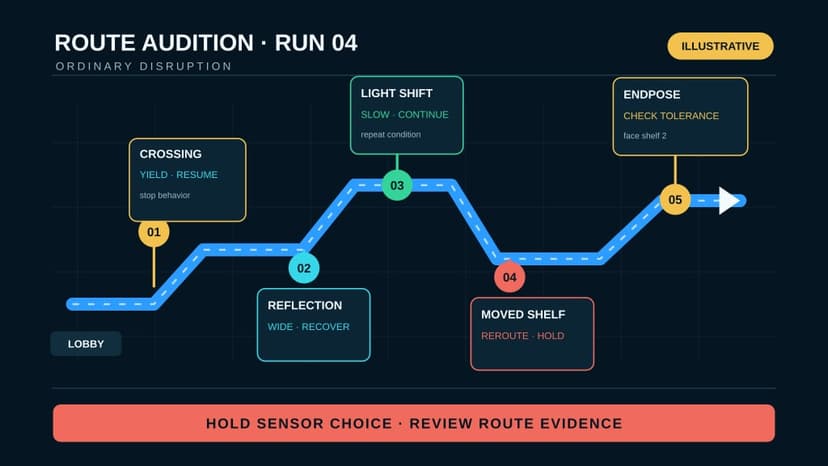 An illustrative route-audition field strip follows one robot route through a person crossing, reflective wall, lighting change, moved shelf, and endpoint-orientation check before holding the sensor decision.