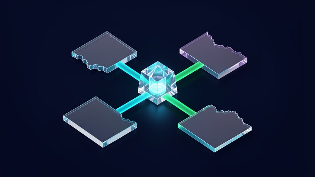 Abstract title-operations workflow core surrounded by glass data blocks, entitlement gates, and cool cyan tool paths.