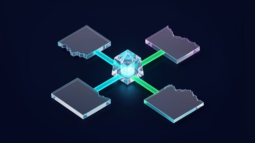 Abstract title-operations workflow core surrounded by glass data blocks, entitlement gates, and cool cyan tool paths.